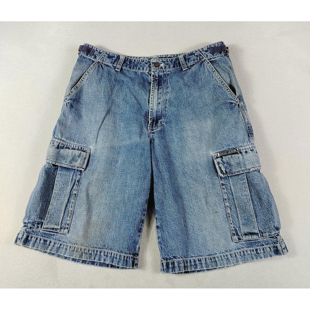 Vintage DKNY Jeans Cargo Shorts Mens 31 Blue Denim Adjustable Waist Utility Y2K